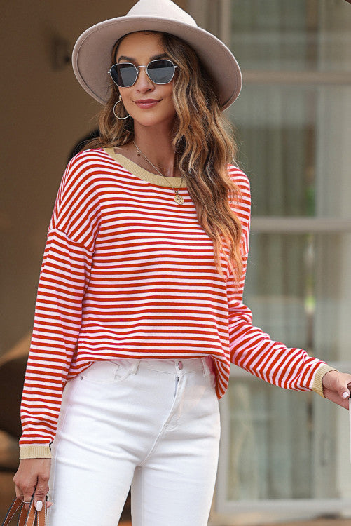 ⭐️𝐃𝐞𝐚𝐥 𝐨𝐟 𝐭𝐡𝐞 𝐝𝐚𝐲 (originally $48) Red Contrast Trimmed Striped Drop Shoulder Sweater