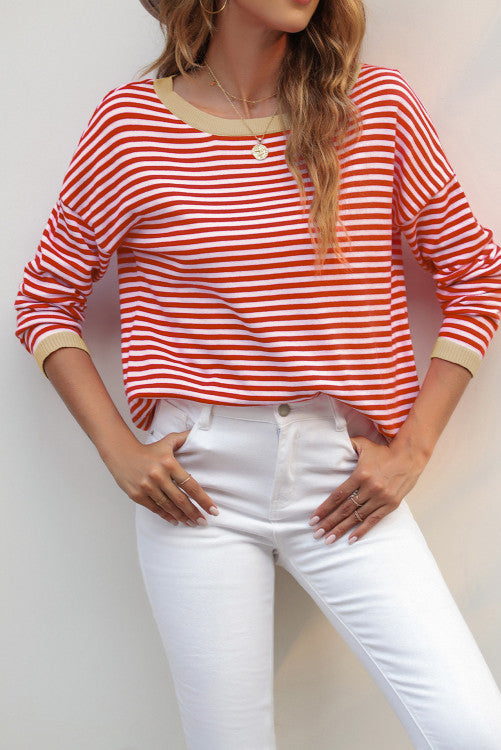 ⭐️𝐃𝐞𝐚𝐥 𝐨𝐟 𝐭𝐡𝐞 𝐝𝐚𝐲 (originally $48) Red Contrast Trimmed Striped Drop Shoulder Sweater