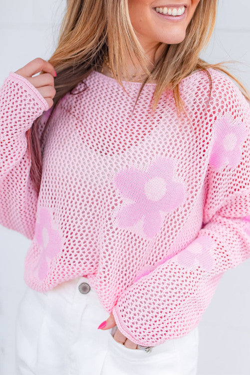 Light Pink Big Flower Hollowed Knit Drop Shoulder Sweater