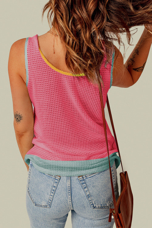 Strawberry Pink Color Block Patched Pocket Breathable Knit Tank Top