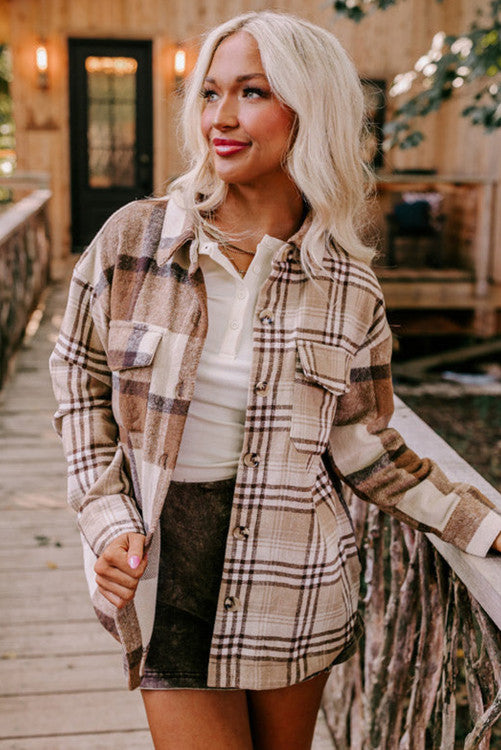 Contrast Plaid Patchwork Flap Pocket Shacket