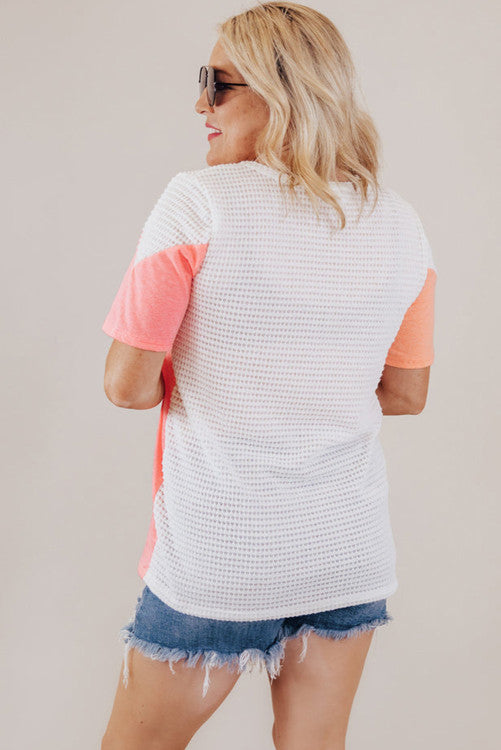 White Plus Size Colorblock Waffle Knit Tee