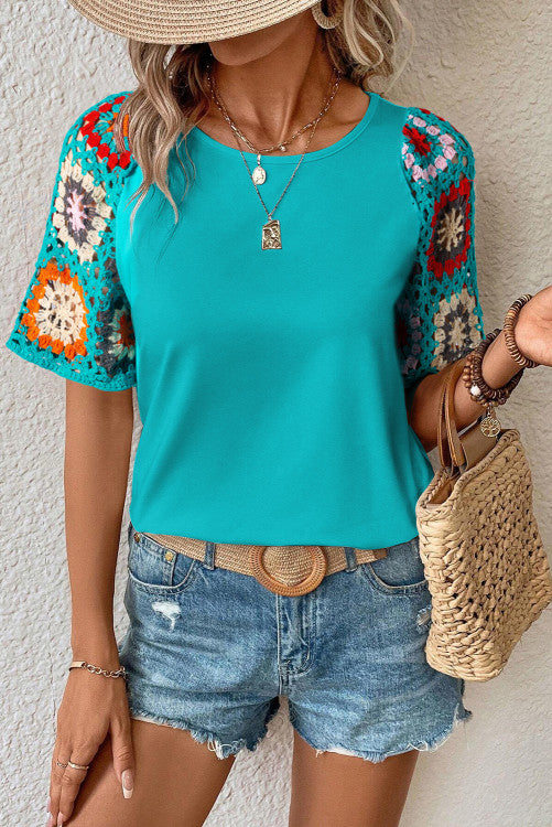 ✨ NEW Turquoise Floral Crochet Short Sleeve Top