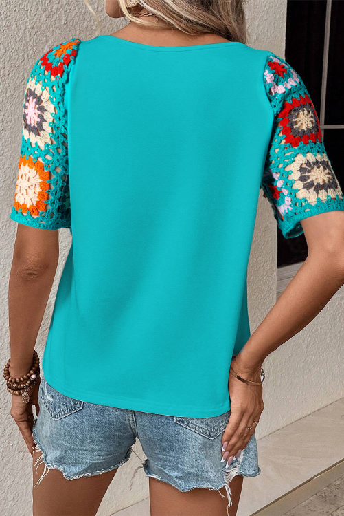 ✨ NEW Turquoise Floral Crochet Short Sleeve Top