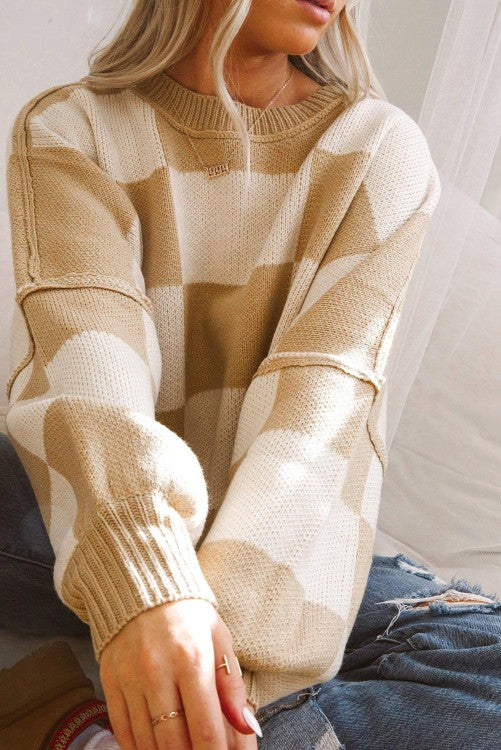 Khaki/pink Checkered Bishop Sleeve Sweater