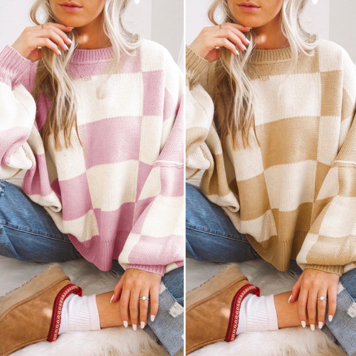 Khaki/pink Checkered Bishop Sleeve Sweater