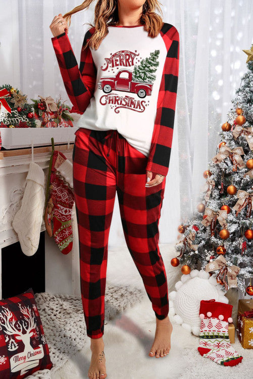 Red MERRY CHRISTMAS Plaid Print Two Piece Loungewear