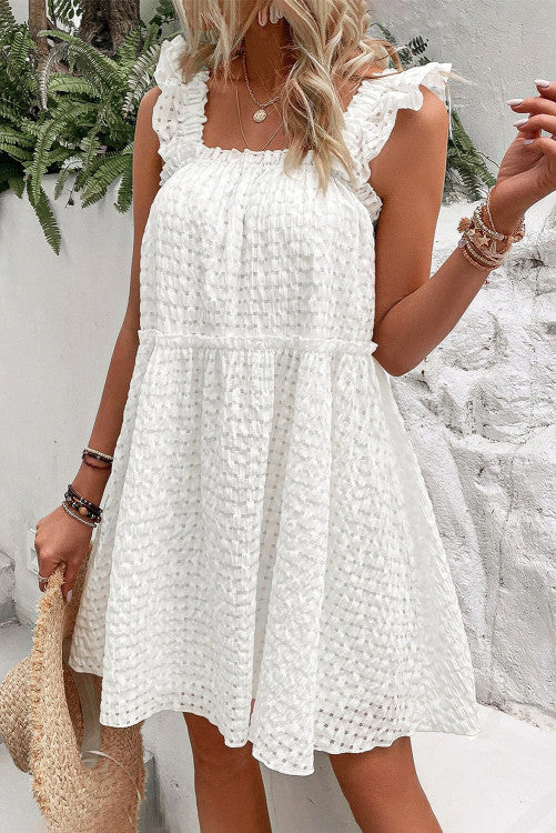 White Plaid Ruffled Straps Flowy Sleeveless Dress