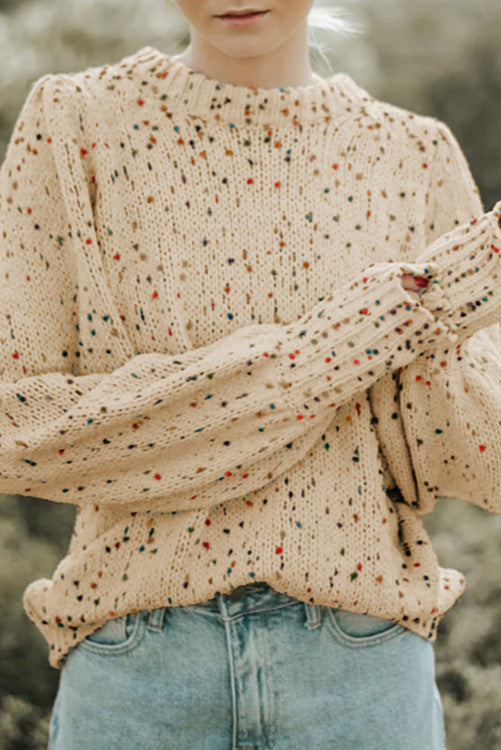 Light French Beige Colorful Dots  Crew Neck Sweater