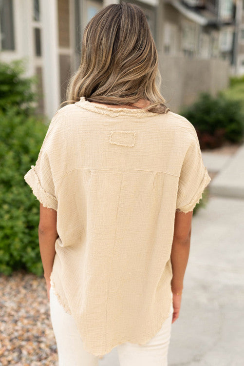 Textured Frayed Trim Half Button Short Sleeve Top