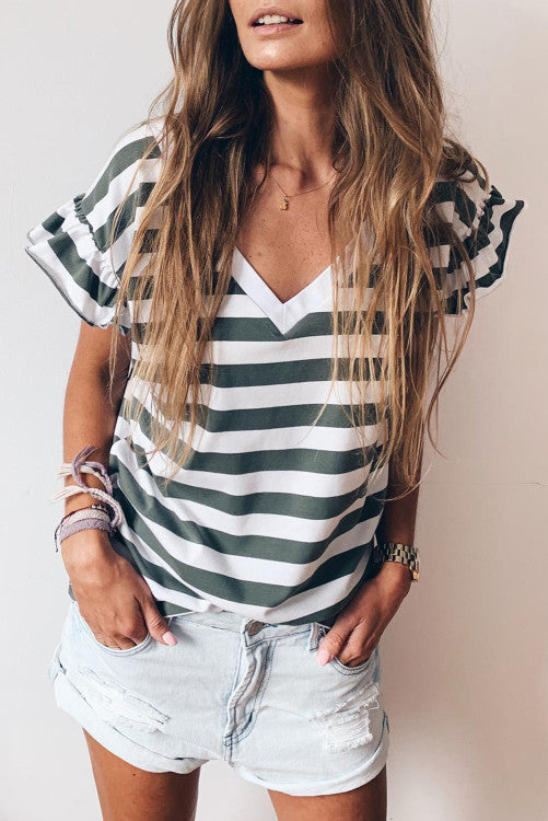 Sea Green Striped V Neck Ruffle Sleeve