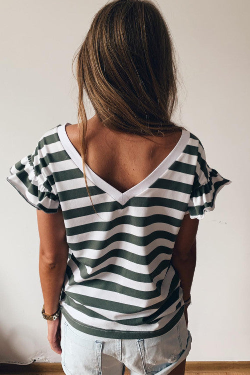 Sea Green Striped V Neck Ruffle Sleeve