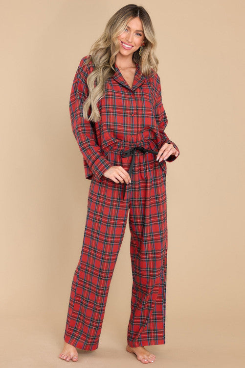 Red Tartan Plaid Print Long Sleeve Shirt and Pants Pajama Set