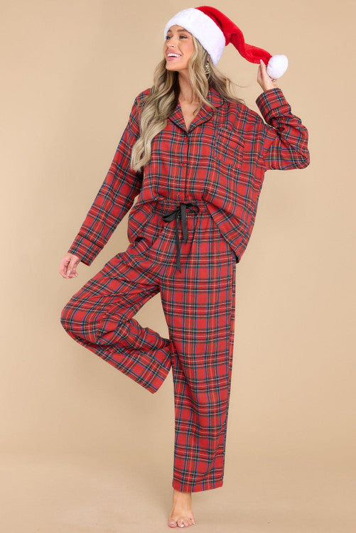 Red Tartan Plaid Print Long Sleeve Shirt and Pants Pajama Set