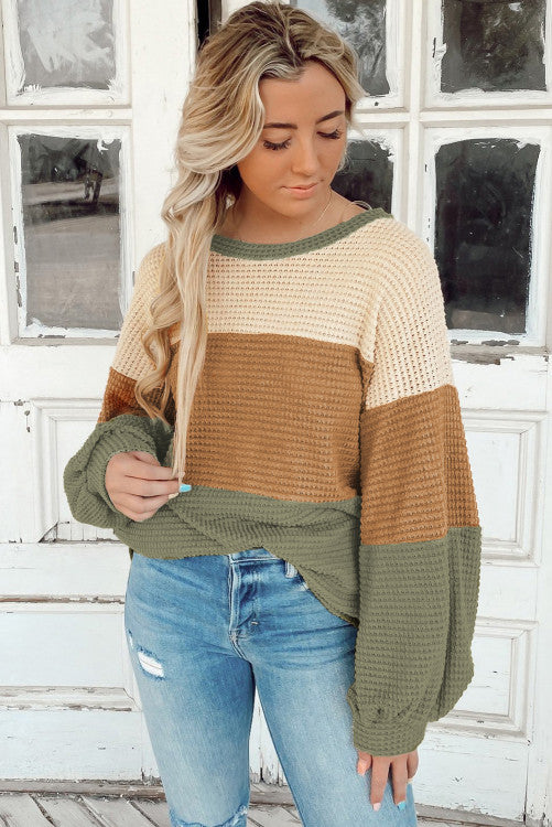 Green Stripe Textured Color Block Bubble Sleeve Baggy Top