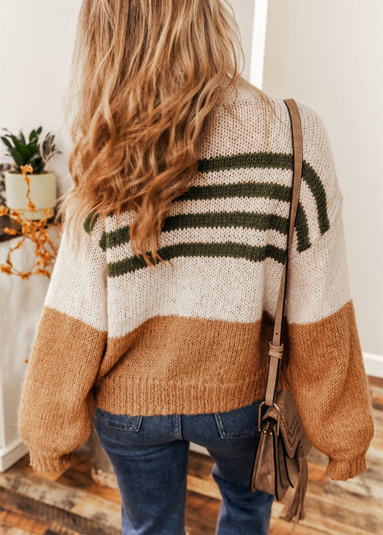 Camel Colorblock Striped Open Cardigan