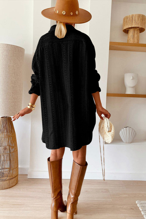 Black Lace Crochet Collared Tunic Oversized Shirt