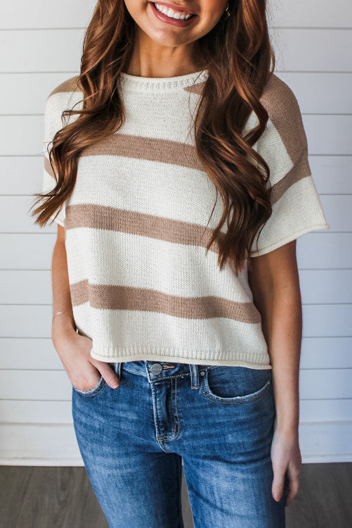 Khaki Stripe Dropped Short Sleeve Lightweight Knitted Top