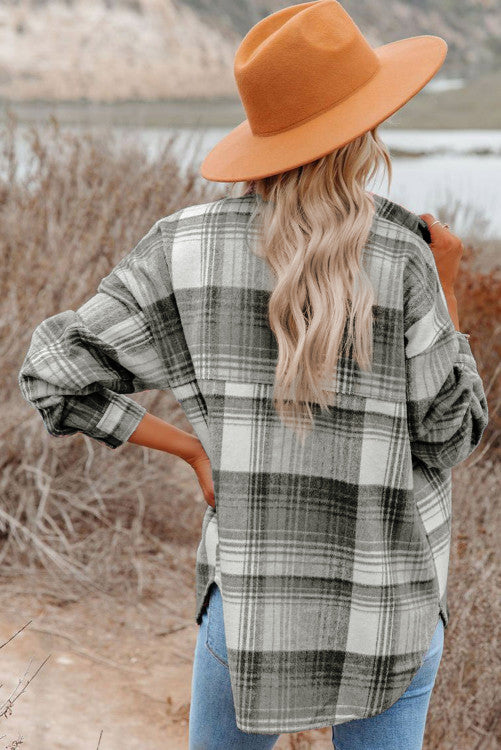 Grey Plaid Flap Pockets Shacket