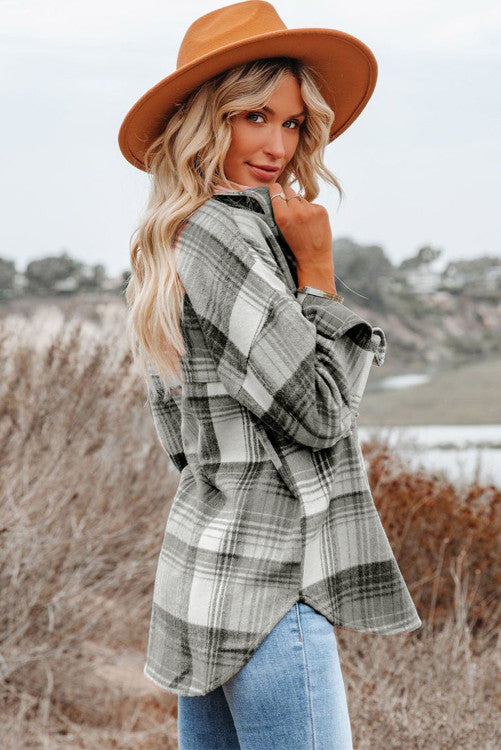 Grey Plaid Flap Pockets Shacket