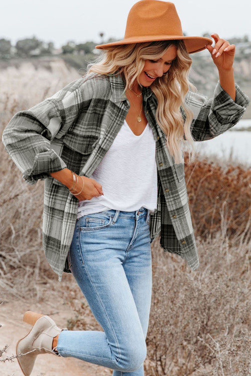 Grey Plaid Flap Pockets Shacket