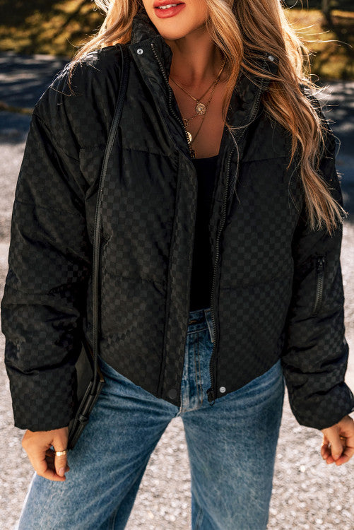 Black Checker Full Zipper Puffer Jacket