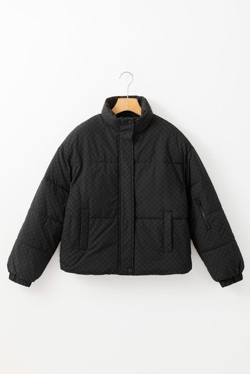 Black Checker Full Zipper Puffer Jacket