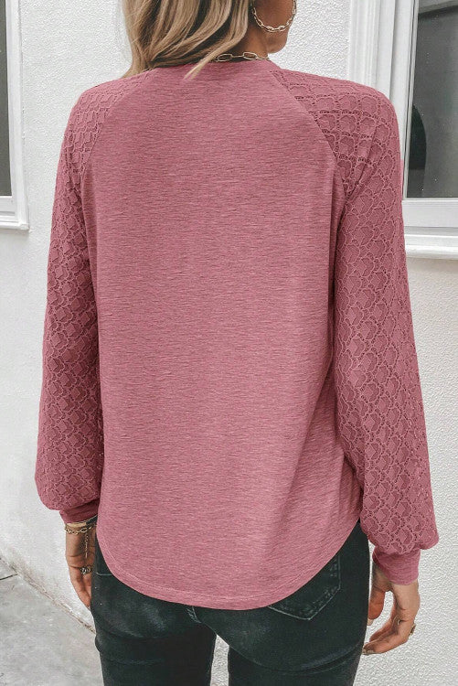 Rose Pink Contrast Lace Raglan Plicate Round Neck Top