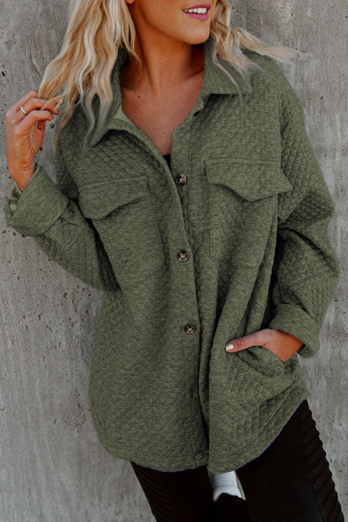 Green Quilted Flap Pocket Button Shacket