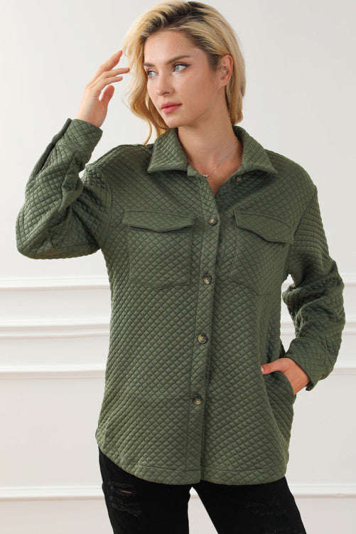 Green Quilted Flap Pocket Button Shacket