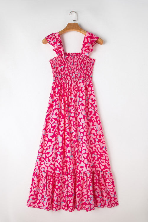 Pink Leopard Ruffle Straps Smocked High Waist Long Dress