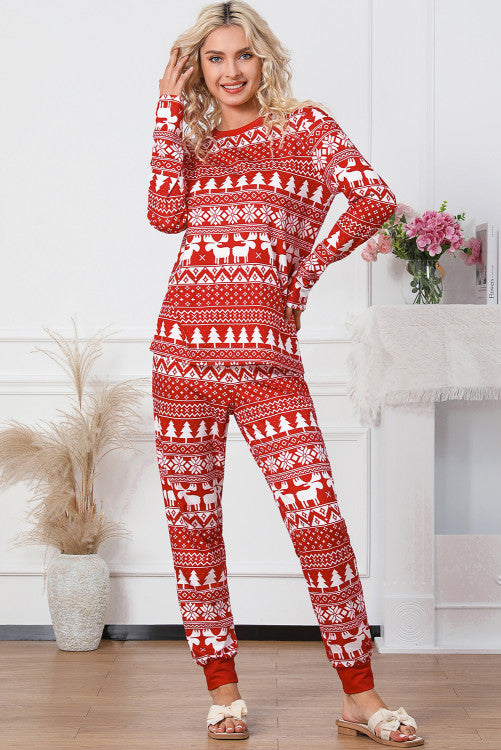 Fiery Red Christmas Tree Reindeer Pullover and Pants Lounge Set