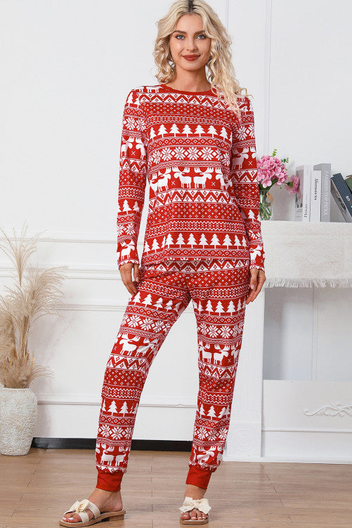 Fiery Red Christmas Tree Reindeer Pullover and Pants Lounge Set