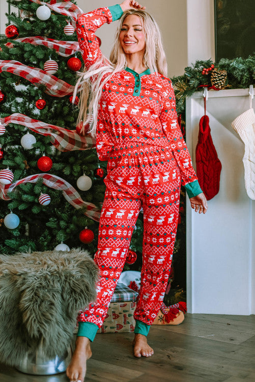 Fiery Red Christmas Print Henley Top Pajama