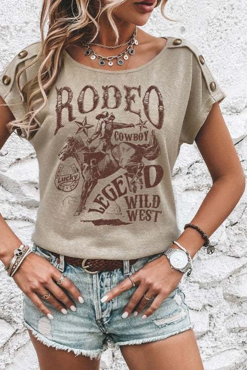 Smoke Gray RODEO Cowboy Graphic Buttoned Batwing Sleeve T Shirt