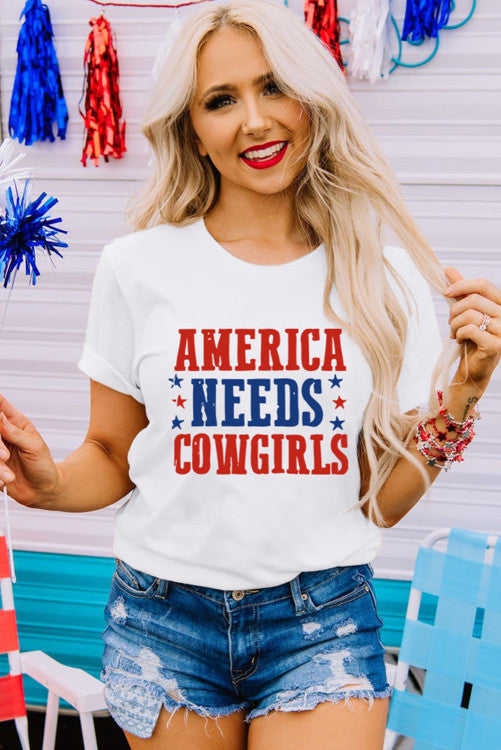 White America Needs Cowgirls Crew Neck Graphic Tee