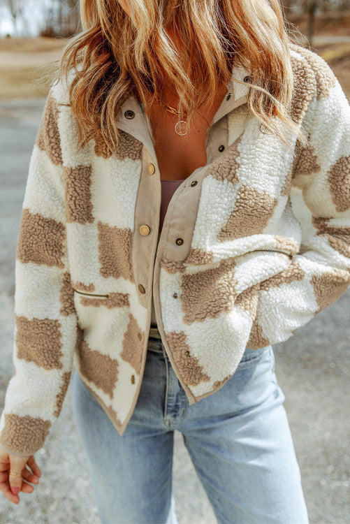 ⭐️RESTOCK Brown Checked Snap Button Sherpa Jacket