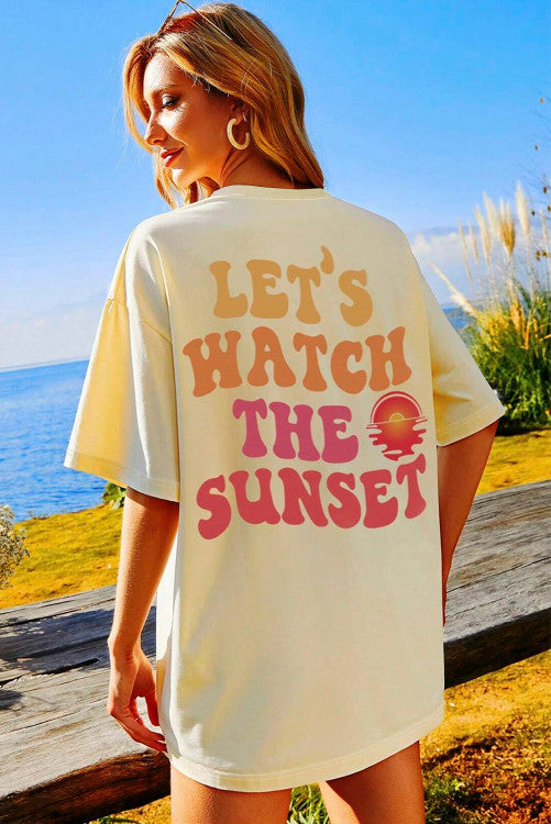 Yellow Cream Back LET'S WATCH THE SUNSET Print Half Sleeve Tee