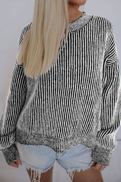 Black Striped Print Ribbed Trim Round Neck Sweater