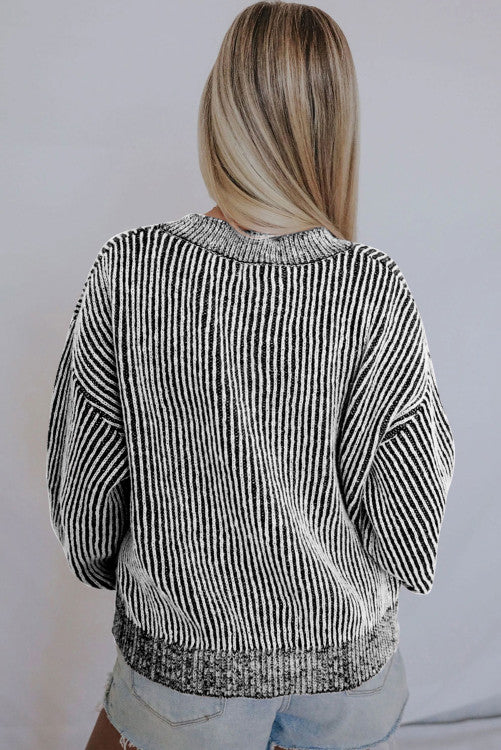 Black Striped Print Ribbed Trim Round Neck Sweater