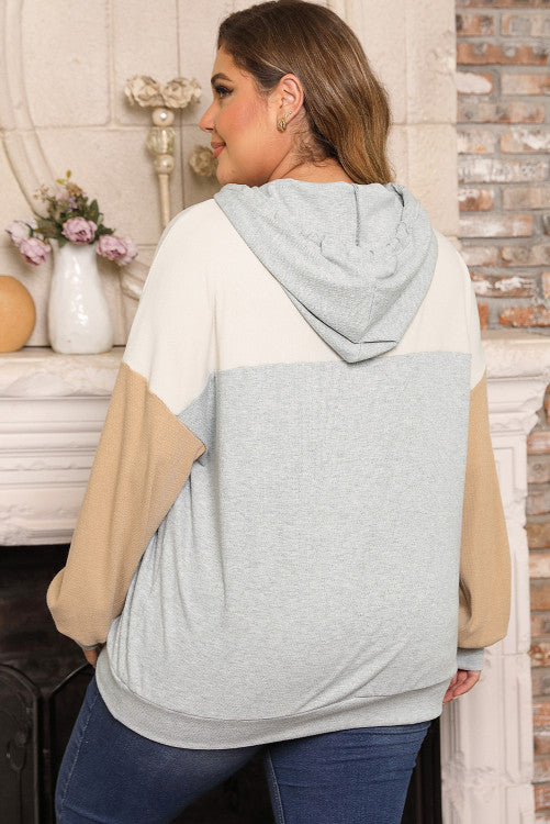 Multicolor Plus Size Colorblock Drop Shoulder Ribbed Knit Hoodie