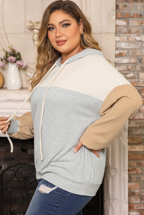 Multicolor Plus Size Colorblock Drop Shoulder Ribbed Knit Hoodie