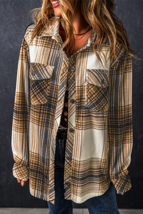 Multicolor Plaid Print Flap Pocket Button Up Shacket