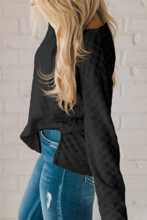 Black Solid Textured Thumbhole Sleeve Top