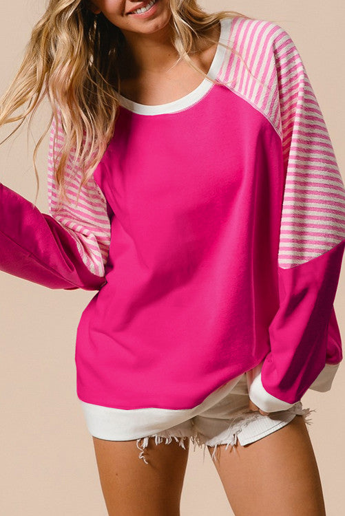 ⭐️NEW Strawberry Pink Striped Patchwork Crew Neck Raglan Sleeve Top (originally $58)