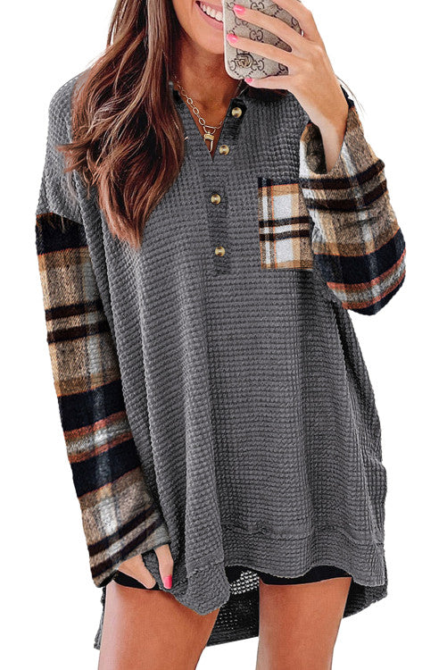 Dark Grey Loose Plaid Patchwork Textured Knit Henley Top