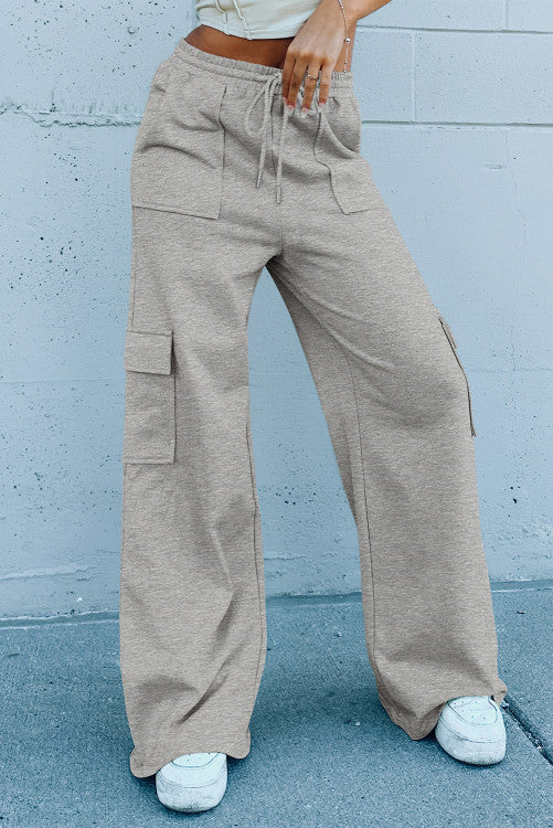 ⭐️ NEW Light Grey Multi Pockets Lace-up High Waist Wide Leg Workout Pants