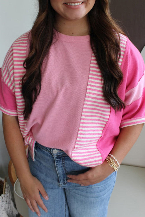 𝐂𝐔𝐑𝐕𝐘 Pink Stripe Patchwork Colorblock Plus Size T Shirt