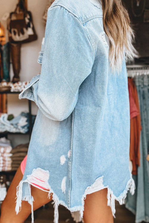 ⭐️ NEW Blue Light Wash Distressed Frayed Long Denim Jacket