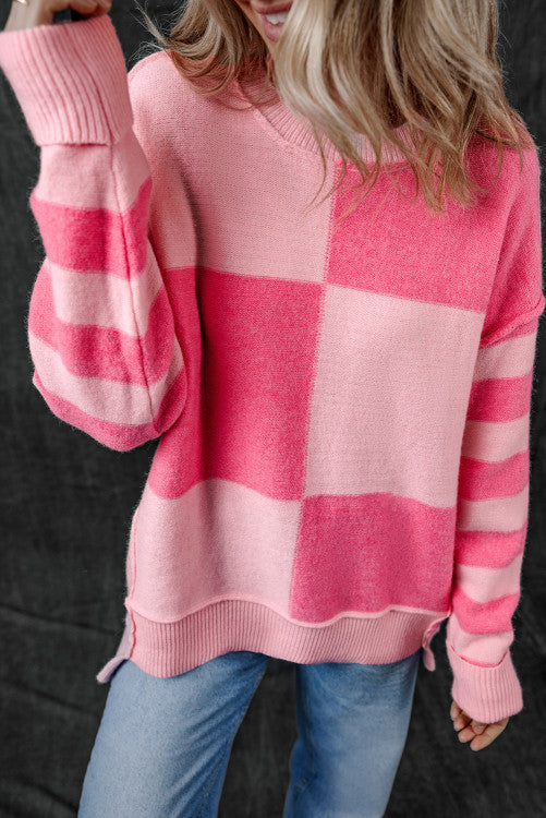 ⭐️NEW Pink Checkered Colorblock Striped High Low Loose Sweater